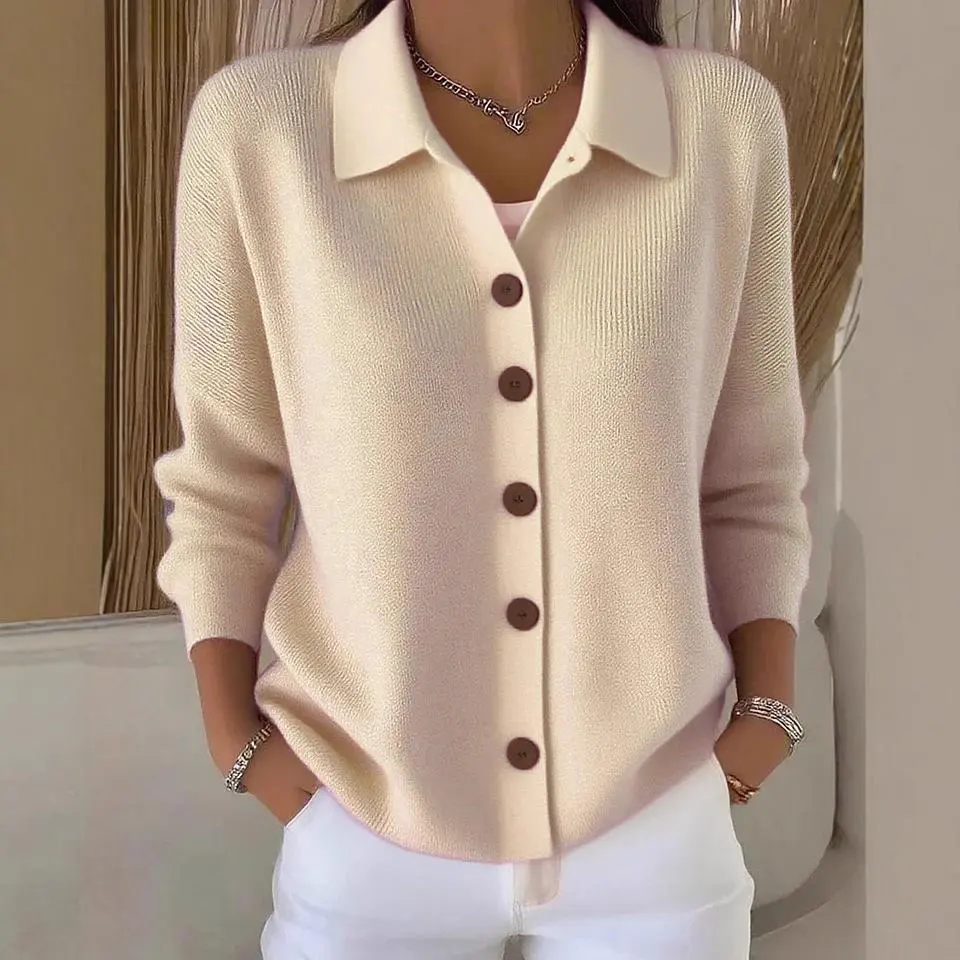 Women’s Solid Collared Knit Cardigan, Button-Front Relaxed Long Sleeve Sweater Jacket, Elegant Casual Fall and Winter Layering Top