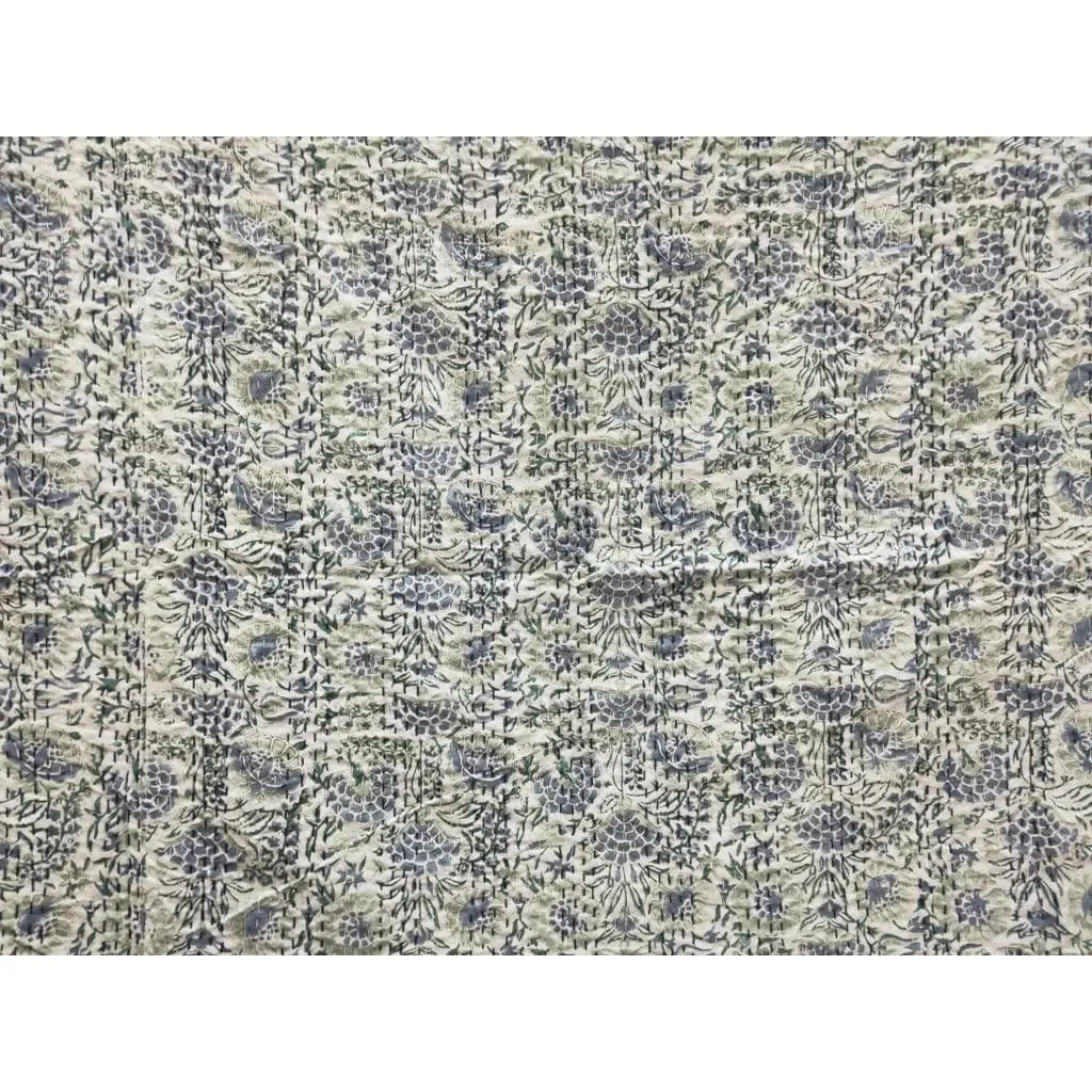 Handmade Reversible Indian Kantha Quilt Throw Blanket Block Print Bohemian Bedding Bedspread Coverlet Twin (Block 01)