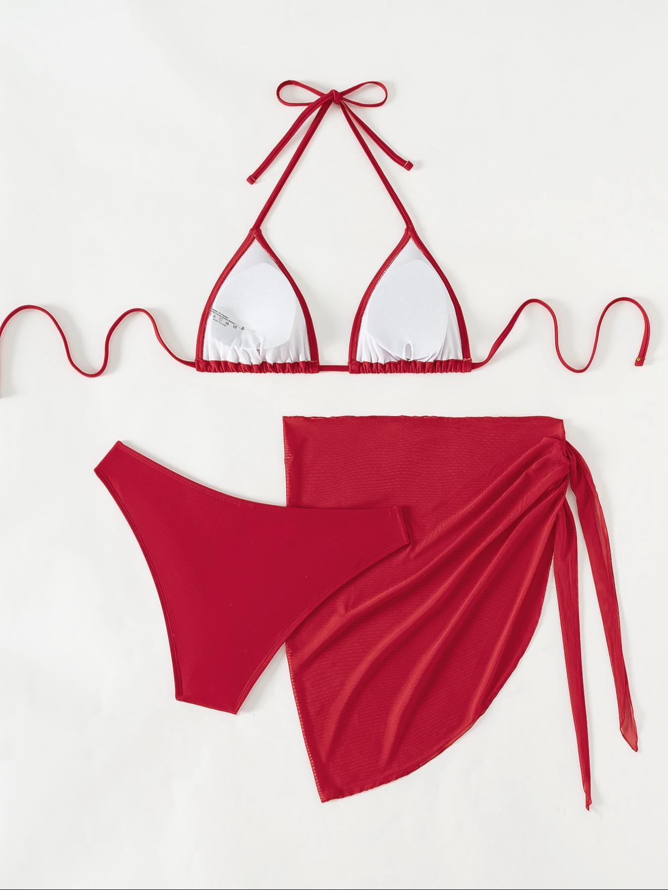 Three-Piece Set Women's Floral Print Bikini Set, Casual Halter Triangle Swim Bra & Swim Panty & Plain Knot Side Cover Up Skirt, 2024 Summer Swimsuit for Beach Vacation