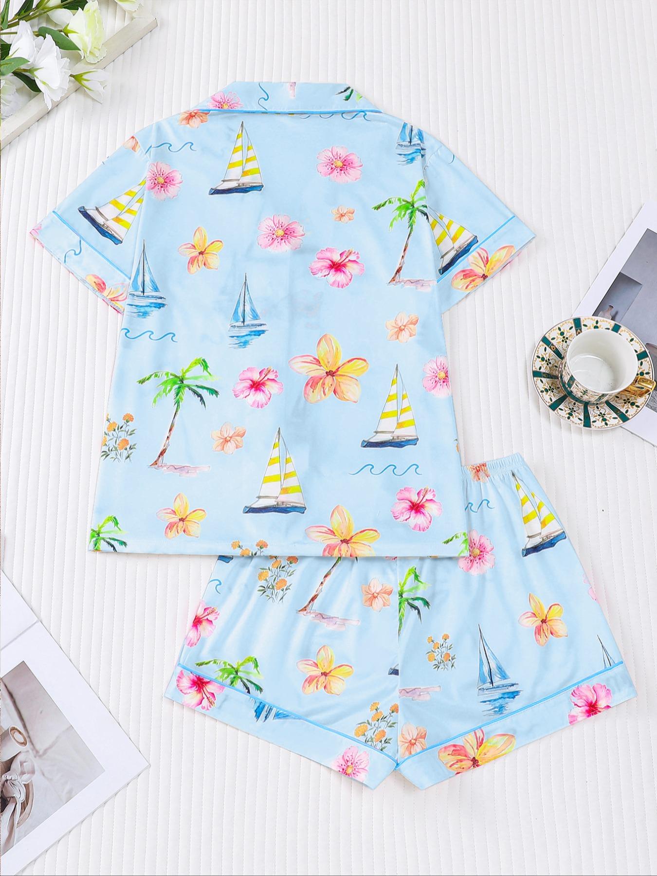 Women's Hawaiian flower Print Pajama Set, 2 Piece Summer Sleepwear, Comfortable Shirt Collar Short Sleeve Top & Elastic Shorts