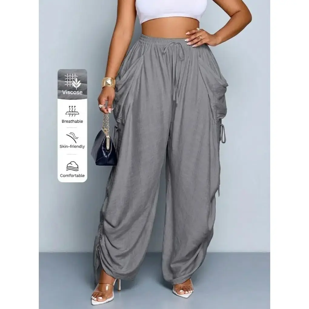 Women's High Waisted Pants - Lady's Comfy Wide Leg Baggy Linen Pants, Loose-Fitting Long Trousers with Adjustable Side Drawstring, All-Season Woven Basic Women's Plus Size Clothing for Everyday Commute & Vacation