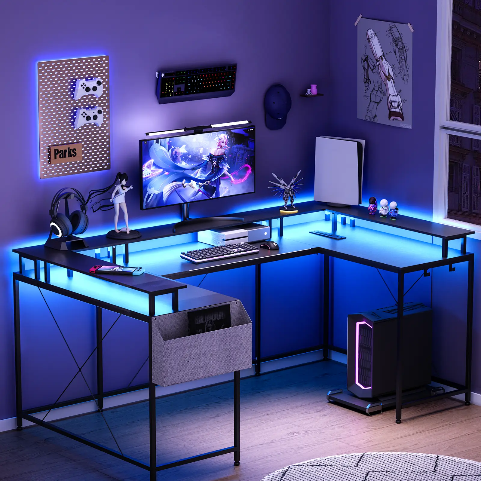 RGB LED Gaming Desk with Power Outlets, Reversible U Shaped Corner Workstation for Two Persons, Monitor Stand and Storage Shelves Included