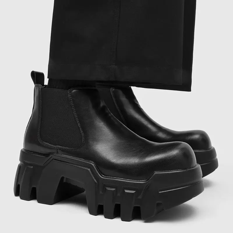 Mens Chunky Platform Chelsea Boots Slip On Ankle Boots Thick Lug Sole Height Increasing Gothic Punk Streetwear Y2K Grunge Moto Biker Leather Round Toe Elastic Casual Footwear Heavy Duty Track Sole Avant Garde Korean Trendy