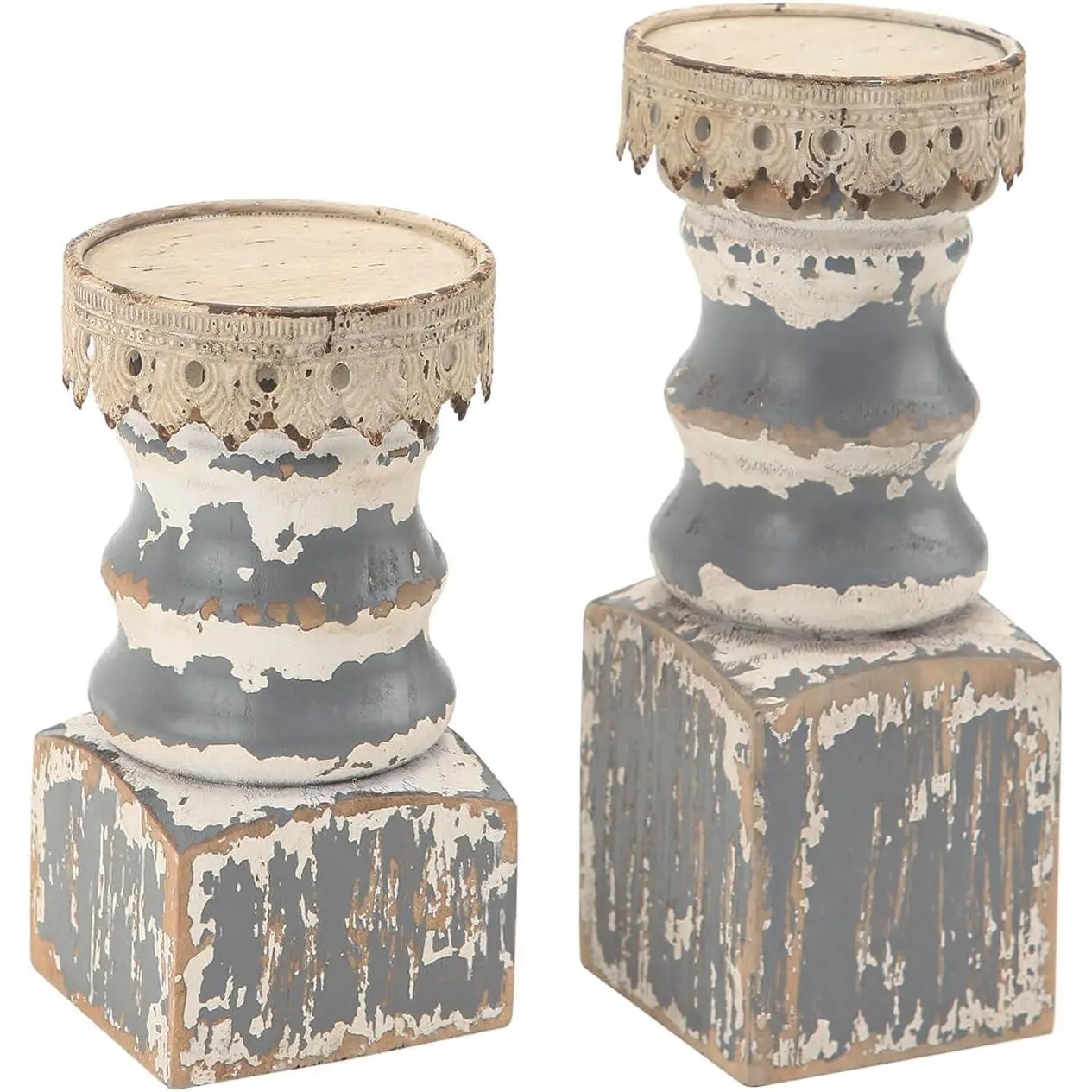Rustic Solid  Pillar Candle Holders Set of 2, Grey | Distressed Wooden Candle Pedestals, Decorative Pillar Stands for Mantels, Fireplaces, Centerpieces Tables, Shabby Chic Decor