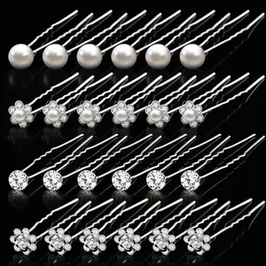 40 Pcs Rhinestone Flower Pearl Hair Pins for Women Silver U Shape Decorative Diamond Wedding Hair Accessories for Prom Brides Bridesmaids