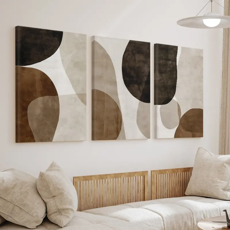 08*12In*3Pcs Beige Modern Abstract Canvas Prints - 2D Flat Home Supplies Art with Brown Wooden Frames, Indoor Wall Decor for Living Room, Kid Room, Thanksgiving, Independence Day