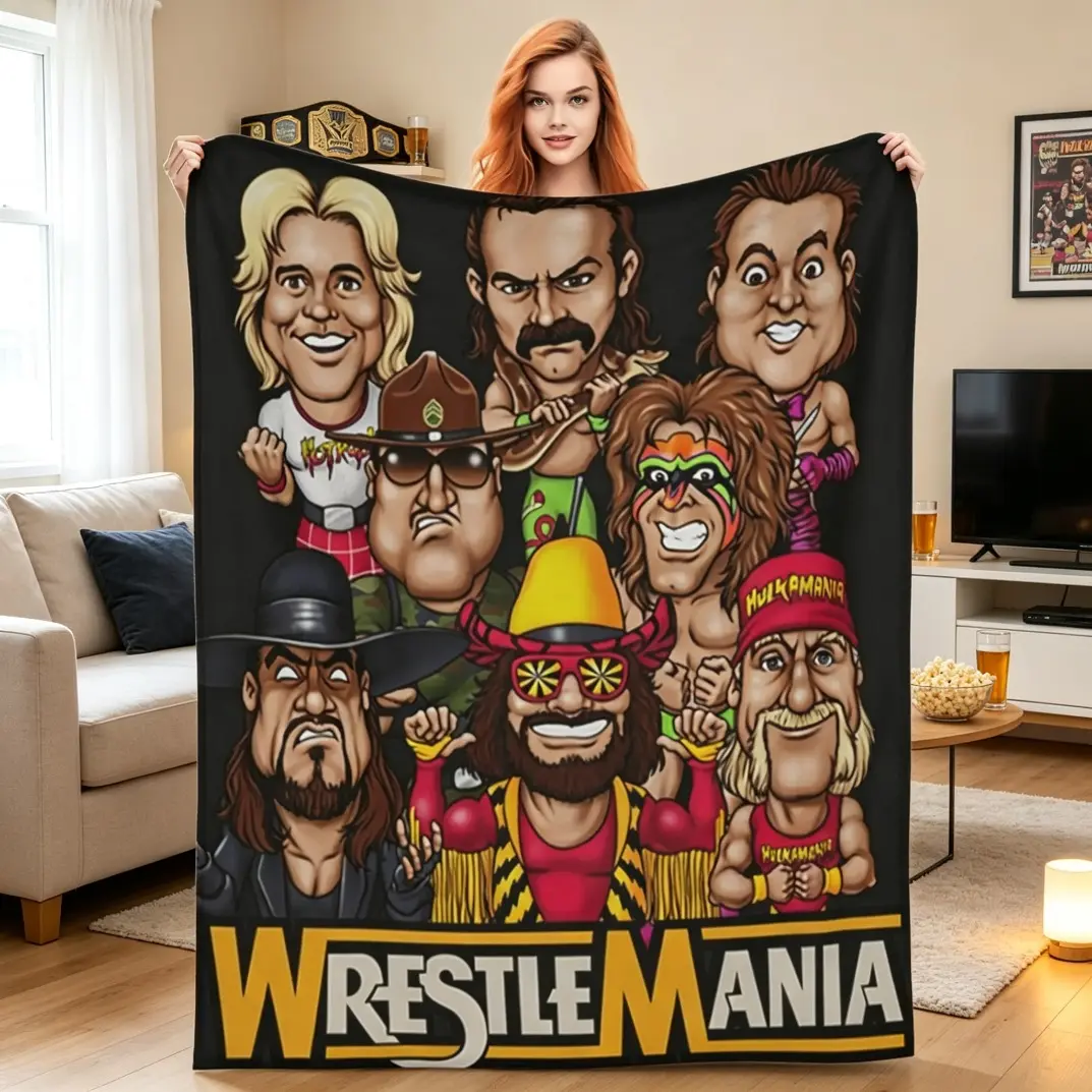 WWE WrestleMania Legends Anime Style Flannel Blanket, Soft Warm Wrestling Throw Blanket, Lightweight Cozy Plush Blanket for Couch Bed Office Travel Camping, All-Season Home Decor Gift for Adults Kids, Retro Design for Wrestling Fans