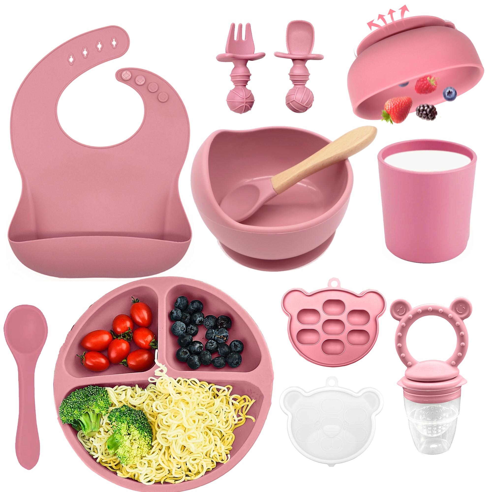 Baby Feeding Set Silicone Smiley Face Plate, Snail Bowl, Bear Food Box, Bib, Cup, Forks, BPA Free Trays, Play Food Tableware, Baby Food Tools for Infants, Cutlery Utensil Sets
