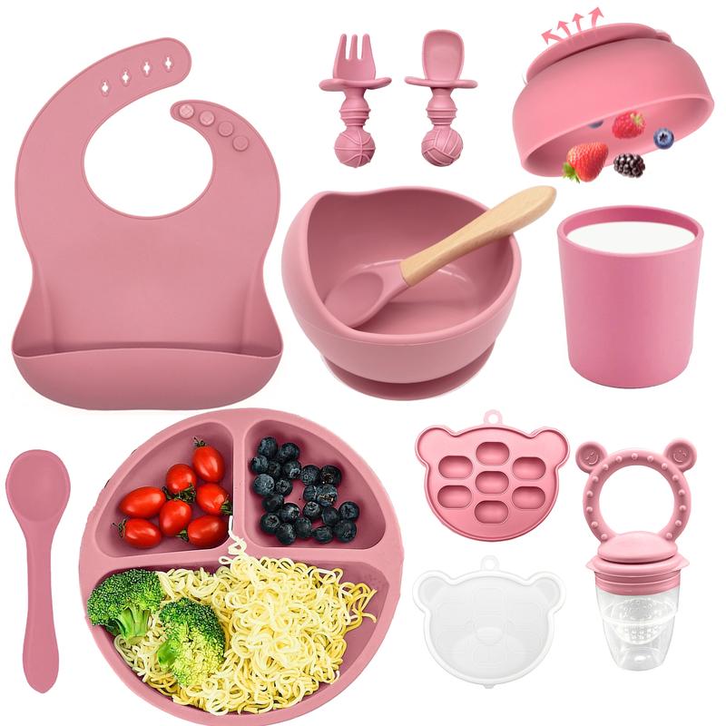Baby Feeding Set Silicone Smiley Face Plate, Snail Bowl, Bear Food Box, Bib, Cup, Forks, BPA Free Trays, Baby Food Tools for Infants, Cutlery Utensil Sets