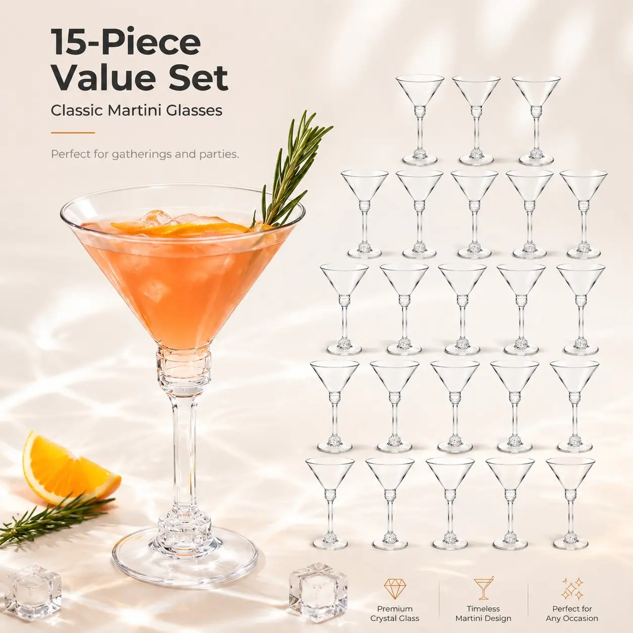 15 Piece Set High-Quality Crystal Martini Glasses, Elegant Tall Cocktail Cups, Perfect for Bar Parties Weddings Home Use