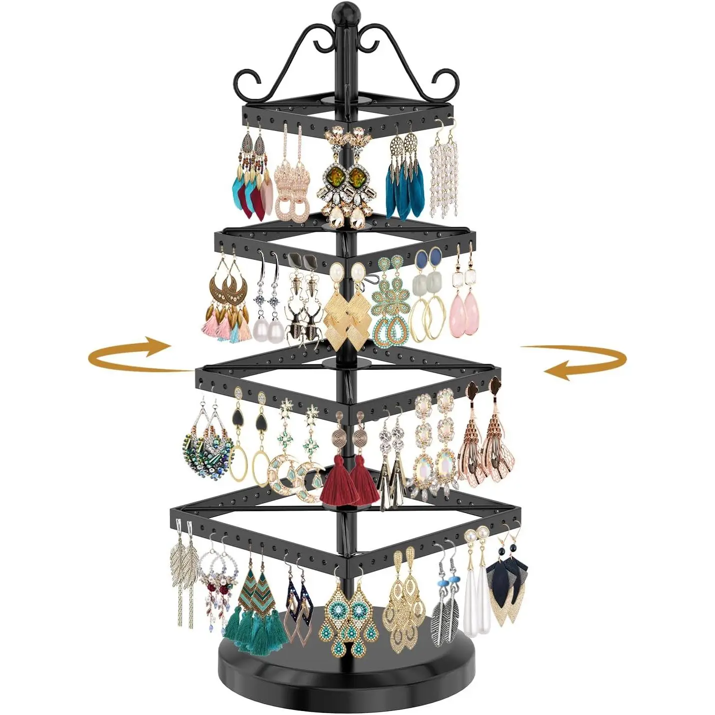 Rotating Earring Holder Organizer Stand, 4 Tier Adjustable Metal Display Tree, 172 Holes Earing Rack for Pierced Stud Dangle Hoop Storage, Space Saving  Hanger Tower for Women, Black