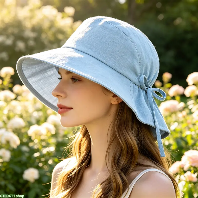 Women's Unisex All Seasons Adjustable Cotton Bucket Hat - Wide Brim, Bow Detail, Cool Breathable Sun Protection, Stylish Beach Accessory for Sunny Days, Casual Wear