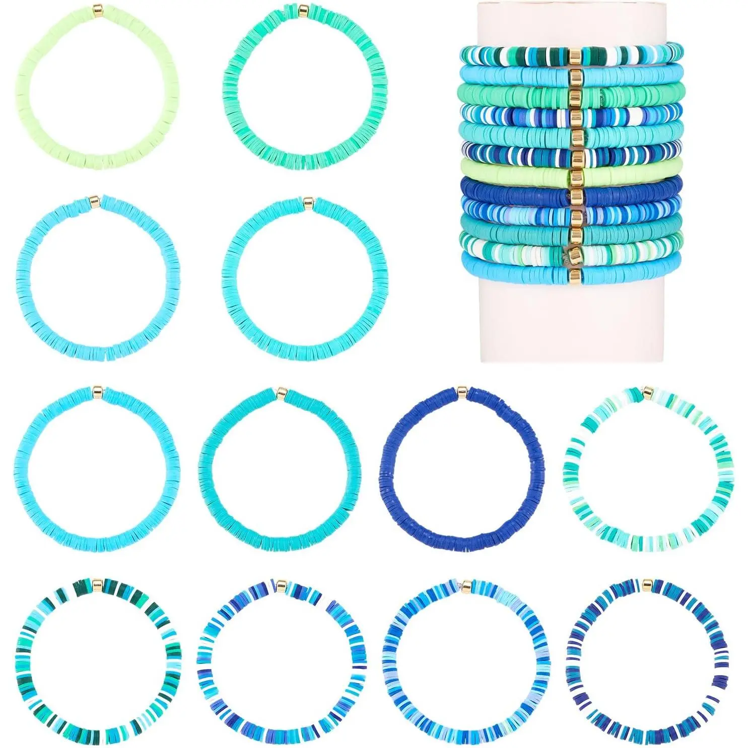 12 count Heishi Beaded Bracelets for Women Stretch Polymer Clay Preppy Bangle Blue Stackable  Boho Summer Beach Bracelet