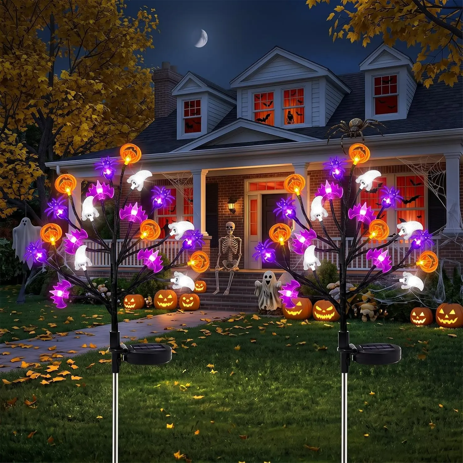 2-Pack Solar Halloween Flower Path Lights, Outdoor Waterproof LED Mood Lights, Three Lighting Modes, Pumpkin Ghost Design, Garden Decor