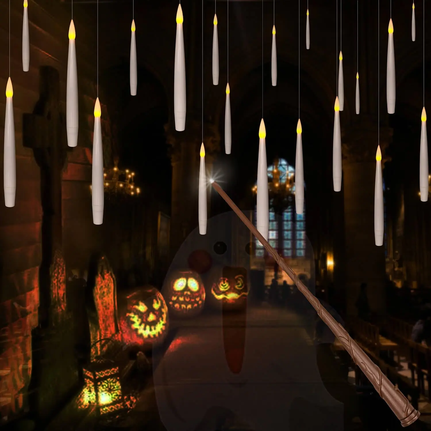 20Pcs Flameless Taper Floating Candles with Wand, Halloween Decor| Flickering Warm Light, Battery Operated, 6.1" LED Candle, Christmas Window Decor, Wedding