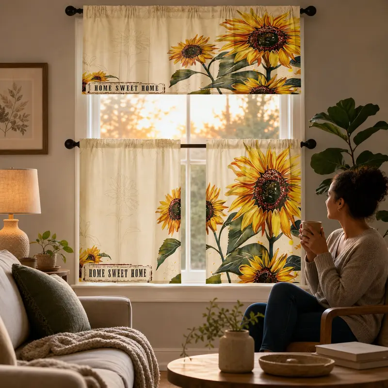 SoftHaven USA-Made Durable Polyester Botanical Print Curtain for Windows - Dustproof, Fade-Resistant Farmhouse Sunflower & Summer Floral Valance, Tier Drapes for Kitchen/Living - Home Decoration Curtain, Interior Decoration Accessories