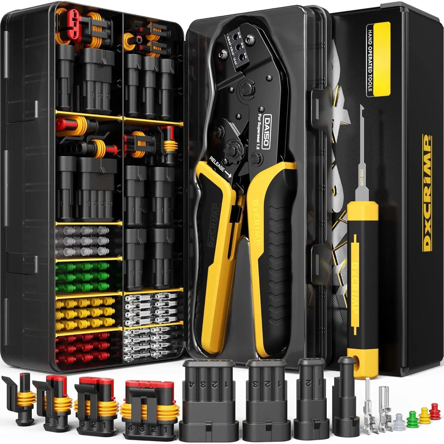 Automotive Electrical Connectors Ratchet Tool Kit, 1/2/3/4 Pin Plugs, 24-14 AWG Wire Crimping Tool for Hobbyists, RV Wiring, Boat Wiring Harness