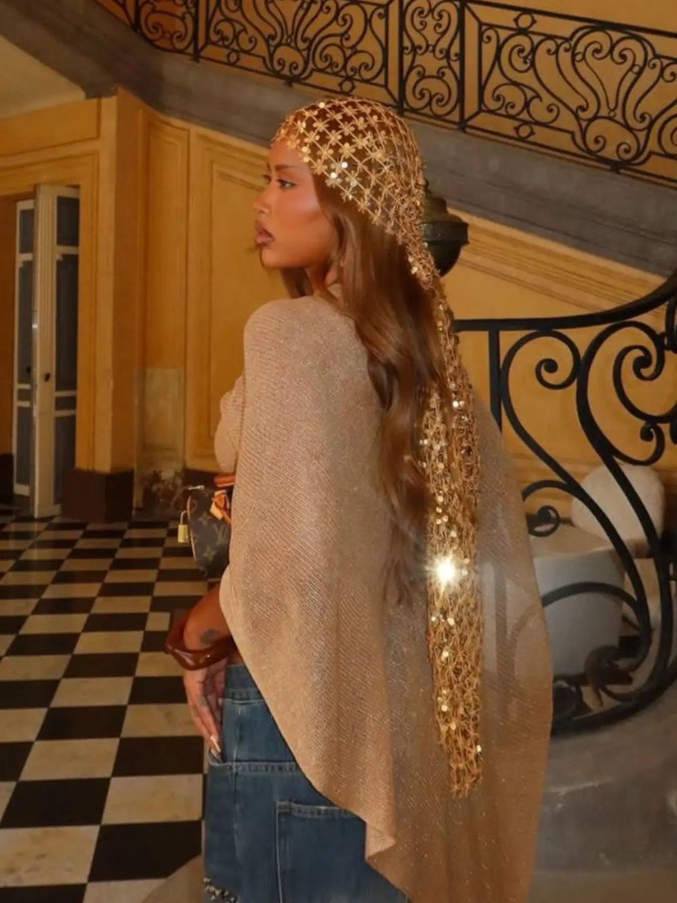 Women's Sparkling Sequin Scarf, Bohemian Mesh Long Shawl, Solid Color Fringe Scarf, Fashion Elegant Accessory