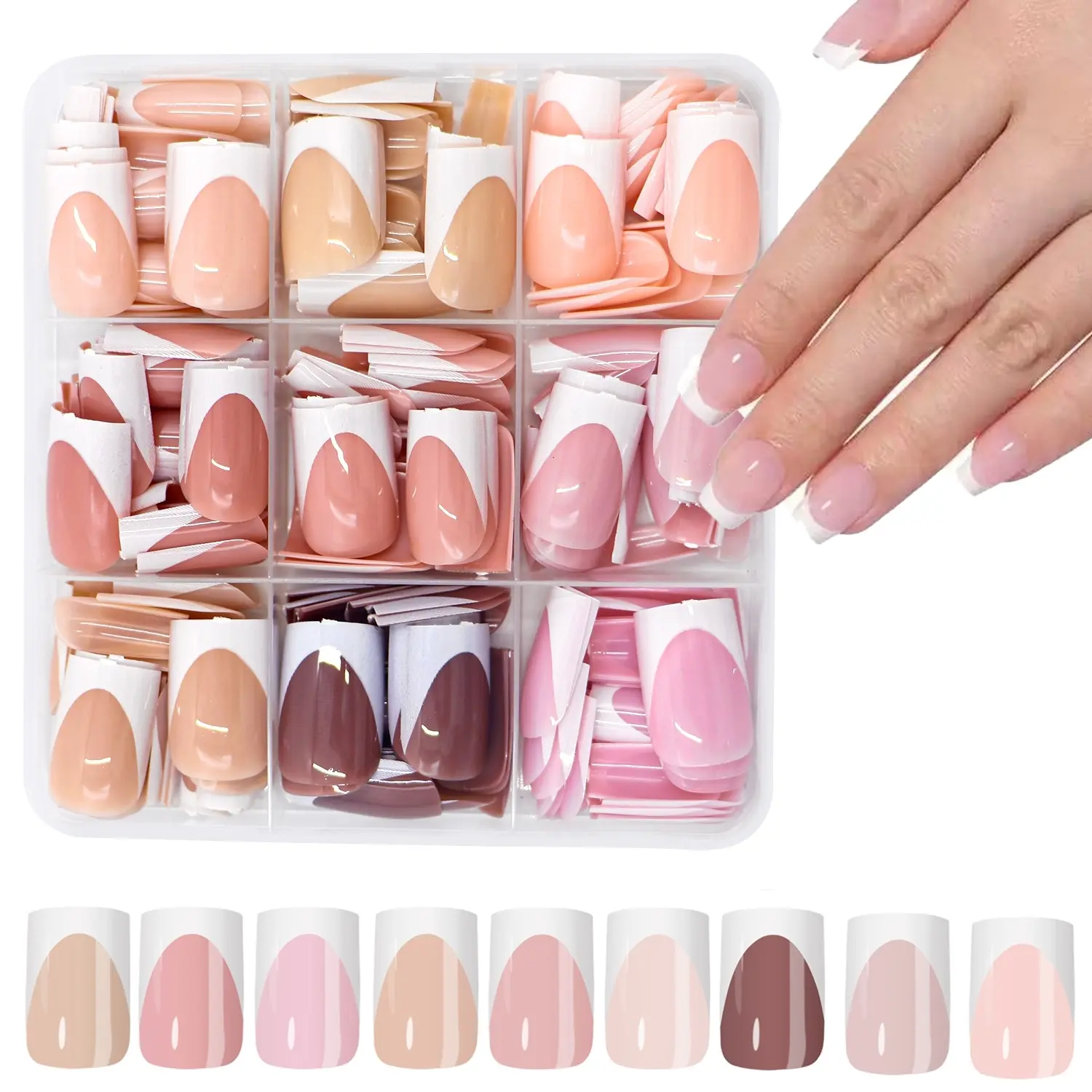 Press-On Nails Set, 9 Colors 216pcs French Tip Short Square Glossy False Nails, Lightweight Natural Fit, DIY Nail Art Gift