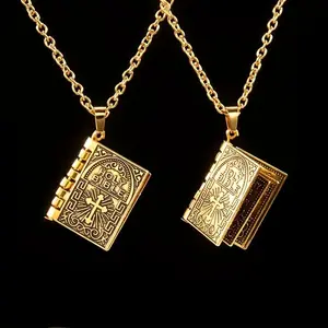 1pc Golden Bible Stainless Steel Necklace - Foldable Prayer Pendant with Cross Motifs, Funky Religious Jewelry for Men, Durable Spiritual Gift for Friends, Meaningful Accessory, Intricate Patterns, Polished Finish