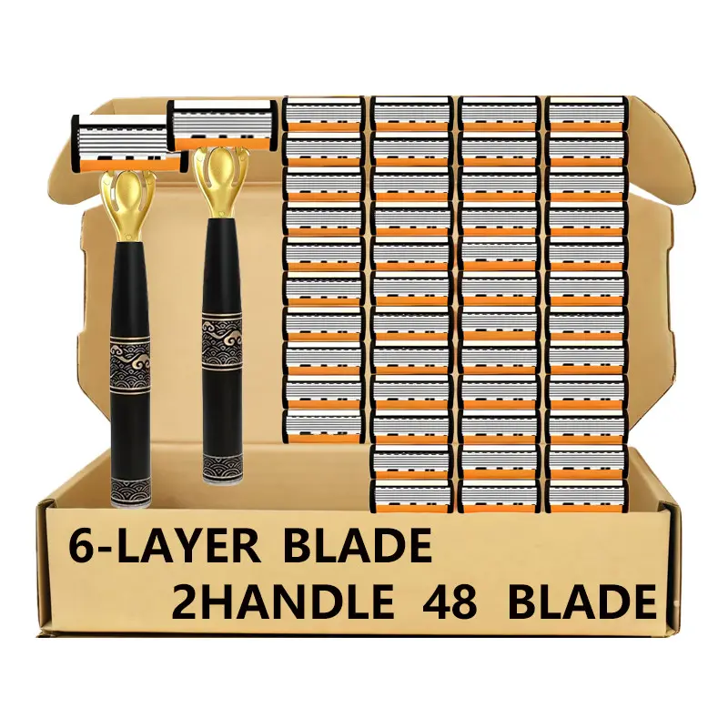 Men's 6-blade safety razor set—includes 2 handles and 48 replacement blades; gentle on sensitive skin and delivers a smooth, effortless shave for thick beards when used with shaving cream. A perfect gift for your boyfriend Kits