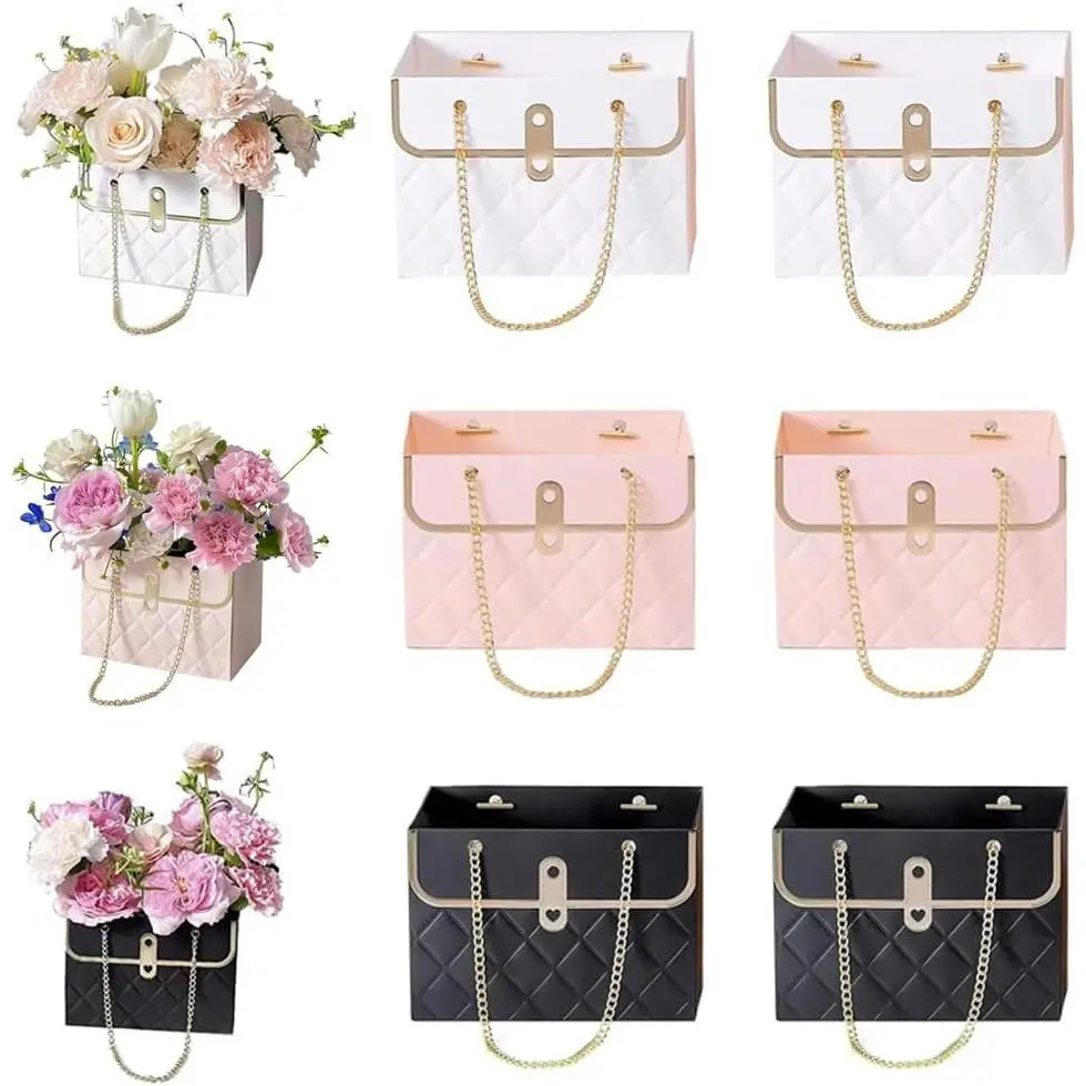 6-Count Modern Large-Size Rectangular Cardboard Flower Box with Metal Chain - Florist Handbag for Bouquet Storage, Wedding Valentine's Day Party Supplies, Florists