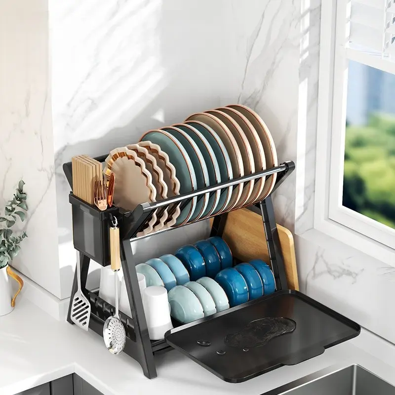 Multifunctional Bowl Dish Rack Set, Countertop Drainage Holder, Pull-Out Tray, Latch Design Easy Installation, Durable Storage Solution