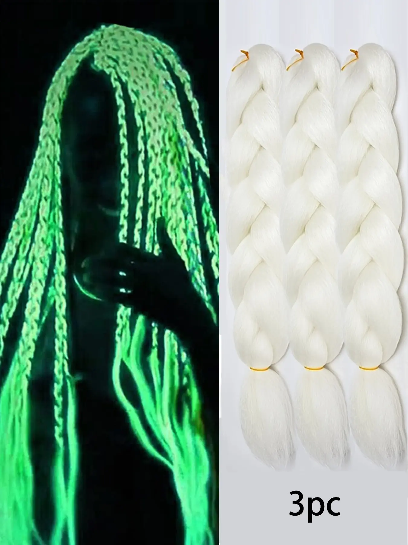 3pcs Glow in the Dark Hair 22inch White Braiding Hair Pre Stretched White Hair Extensions for Braiding Luminous Jumbo Braids White Glow Braided Wig Heat Resistant Synthetic hair extension Synthetic Hair Hairpieces for Girls and Women