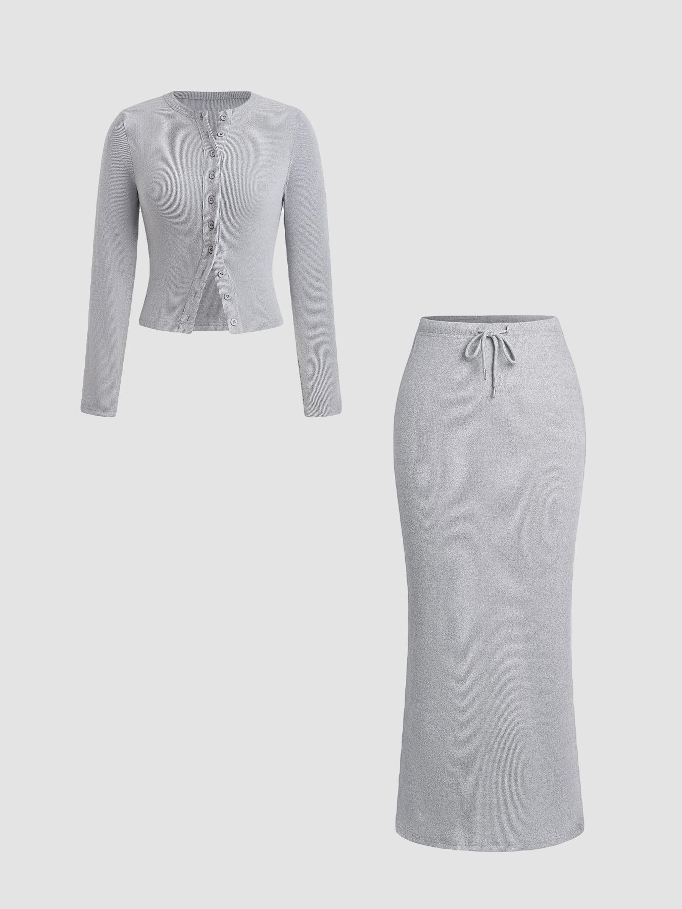 Two-piece Set Women's Solid Color Button Front Long Sleeve Top & Skirt, Elegant Fashion Casual Outfits for Daily Outdoor Wear, Women Clothing for Spring & Fall, Suits