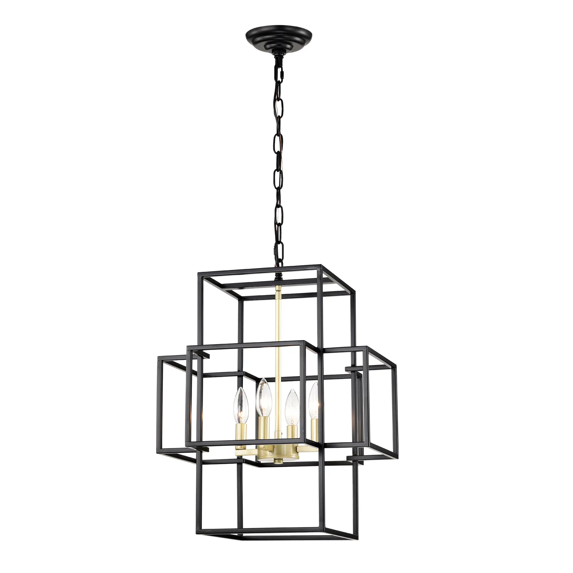 Nokaa 4-Light Metal Lantern Tiered Pendant Hanging Light Fixture, Industrial Farmhouse Adjustable Height Chandelier, Matte Black & Gold for Dining Room Hallway Foyer Entryway Kitchen Island Bedroom Living Room (E12 Bulbs Not Included)