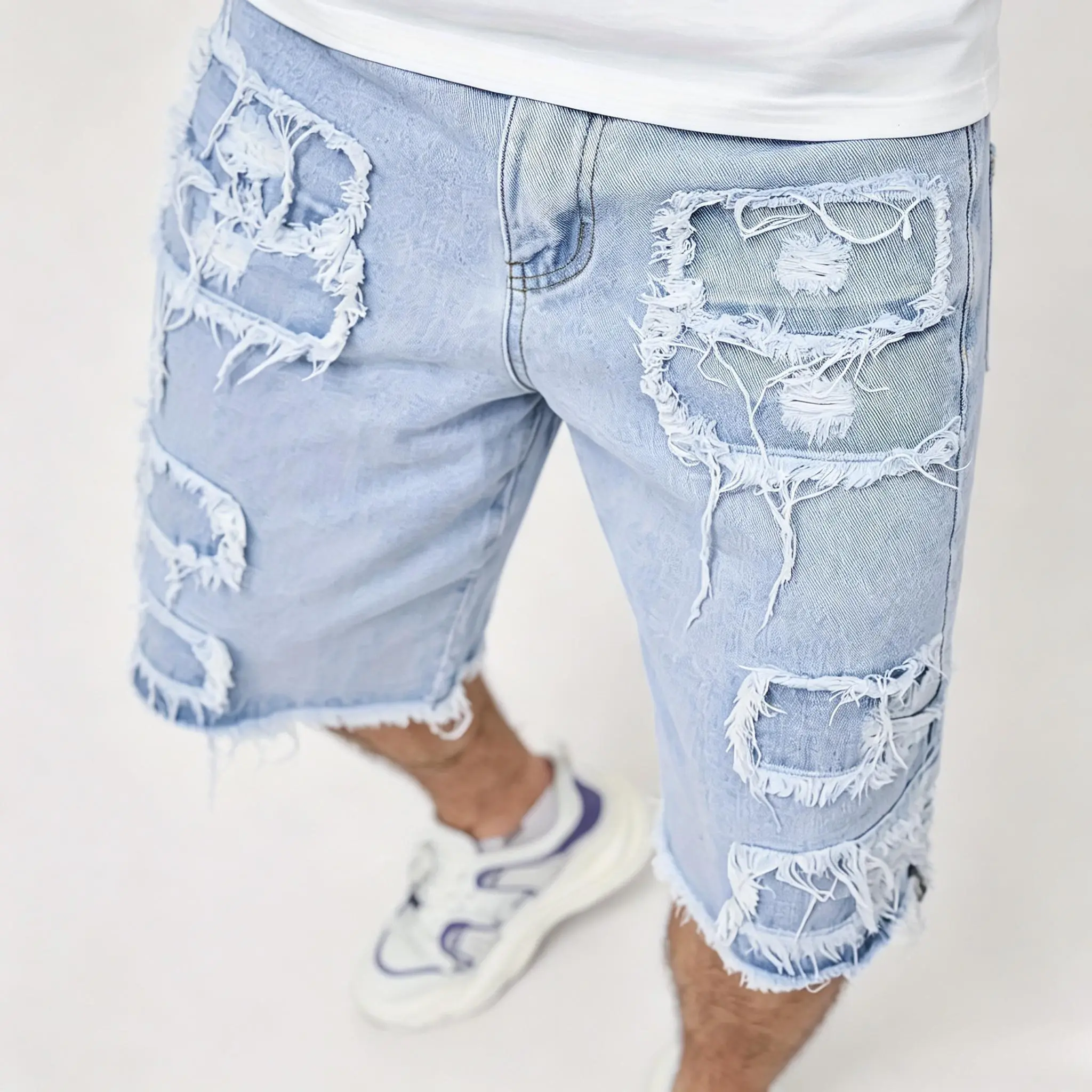 Men's Frayed Hem Distressed Denim Shorts - Menswear Streetwear Bottoms for Casual Outings, Urban Daily Matching, Plain
