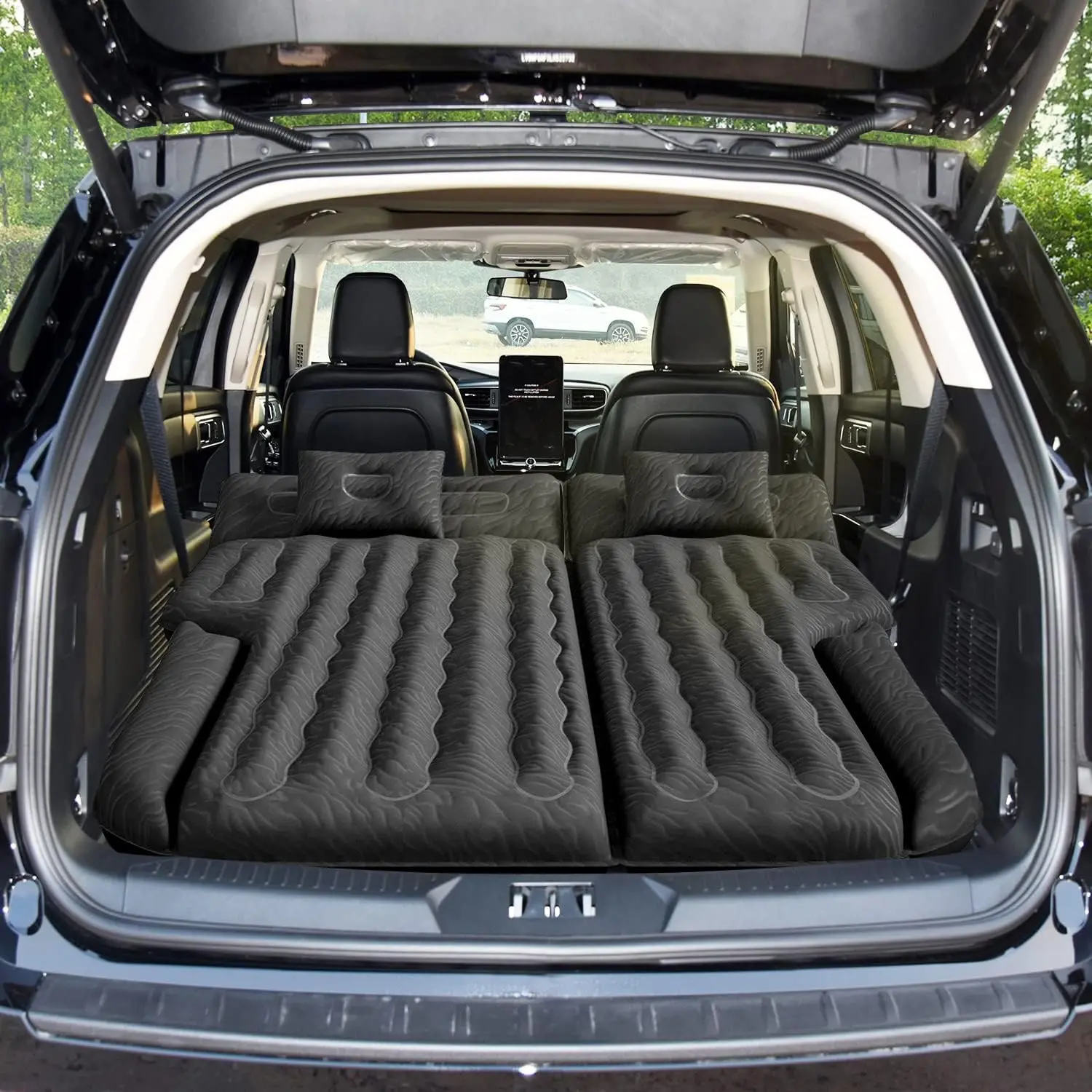Upgraded SUV Air Mattress for Car Trunk, Flocked Surface Extra Thick Bottom Car Camping Mattress, Van Back Seat Sleeping Bed with Pump, Nozzle, Repair Patch and Carry Bag