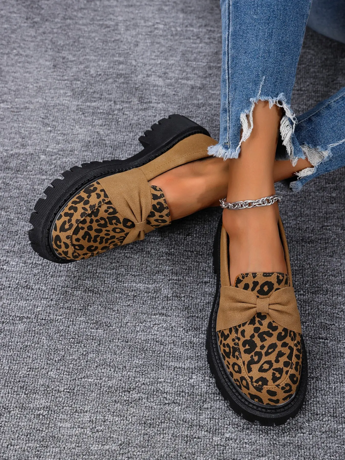Women's Leopard Print Thick Sole Flatform Loafers, Bow Design, Fashion Casual Walking Shoes for Daily Outing, Vintage Style, Pair with Jeans or Skirts, Footwear