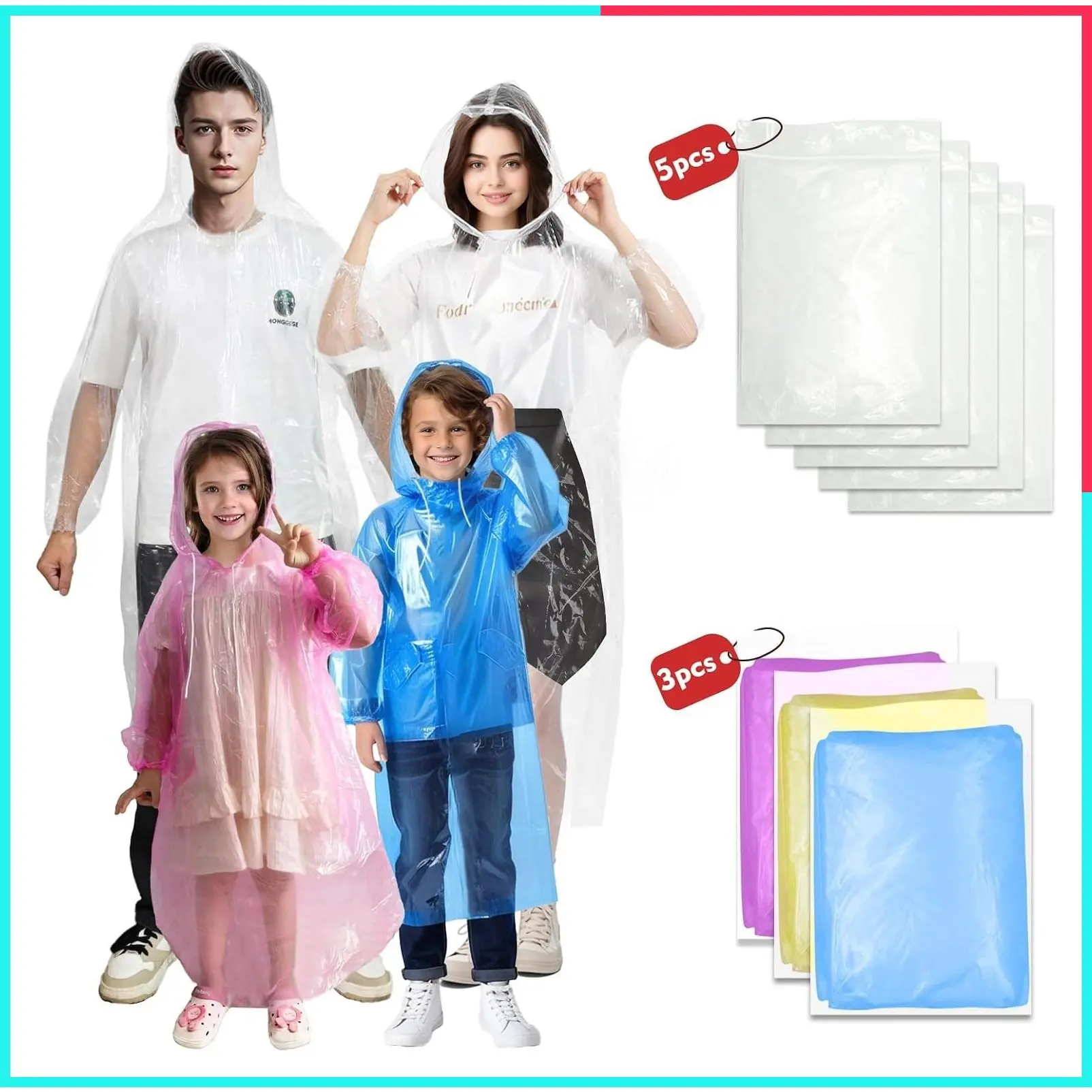 Family Pack Disposable Emergency Rain Ponchos for Adults and Kids