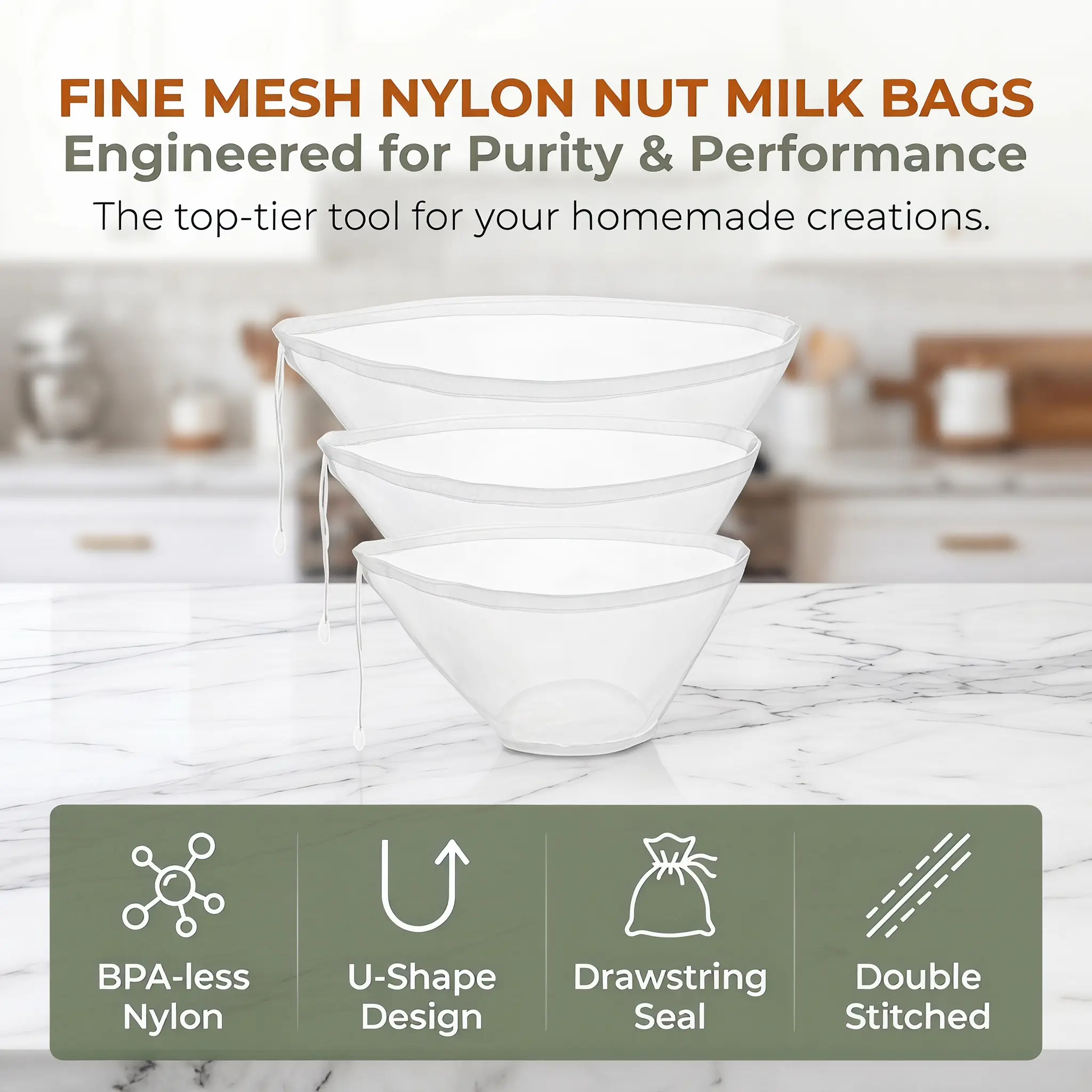 3PCS Bowl-Shaped Nylon Nut Milk Bag, Reusable Strainer Bags for Cheese Cloths Almond Milk, Tea, Juice, Yogurt, Cheesecloth Alternative, Fine Mesh Food Filter-YY0