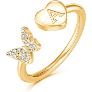 Initial Ring for Women Teens, Gold Plated Butterfly Heart Letter K Open Adjustable Ring, Dainty Alphabet Ring Jewelry Gift for Birthday