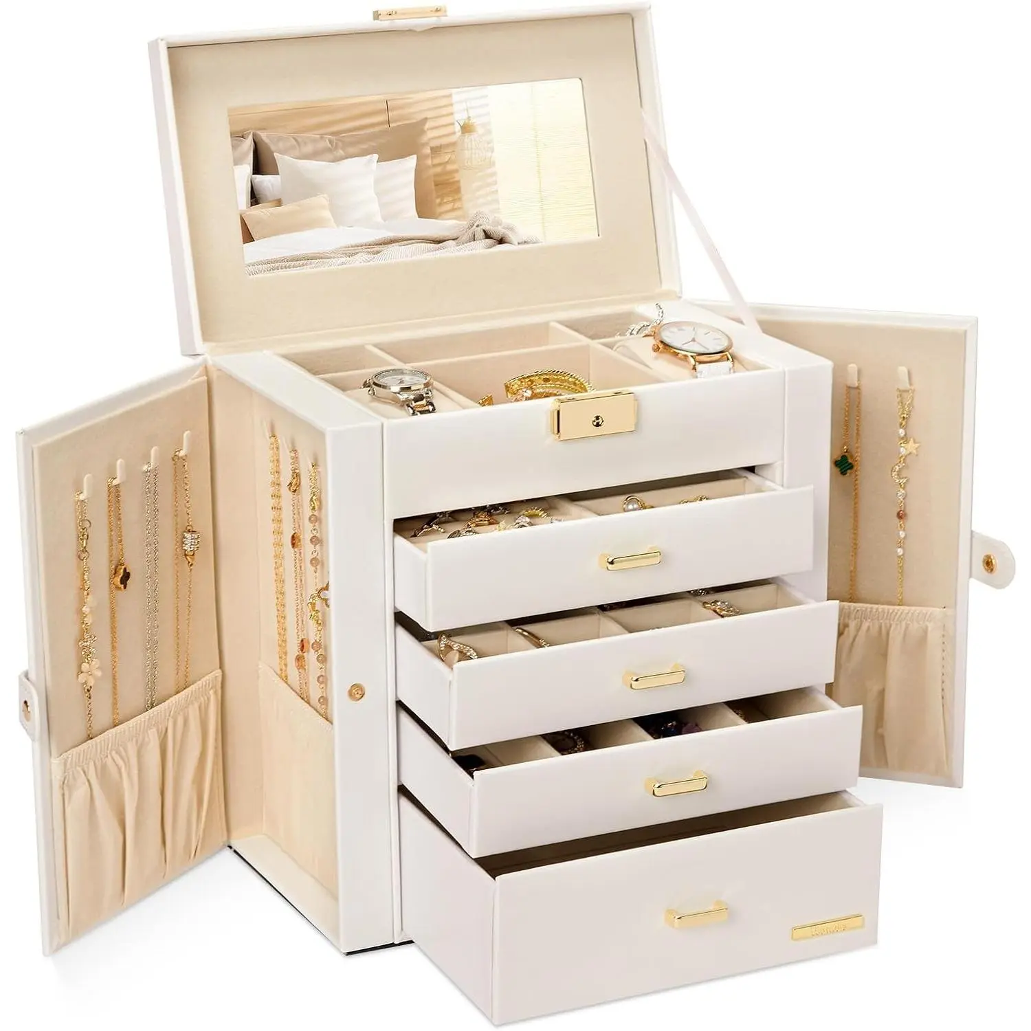 Women's Velvet Wedding Jewelry Box - Synthetic Leather, Huge, Mirrored, Lockable, Drawer & Compartment Storage for Watches, Necklaces, Rings, Earrings, White + Gold Gift Case