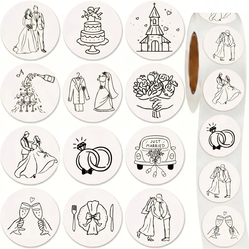 500pcs Wedding Stickers Seal Decals Black Beige Groom And Bride Cupid Ring Cake Flower Adhesive Labels for Wedding Bride Shower Party Favor Supplies