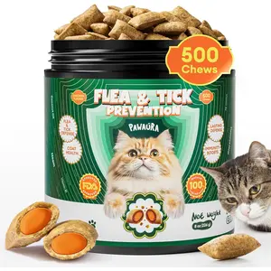 Flea and Tick Prevention for Cats – 500 Crunchy & Creamy Chews with Coconut Oil, Neem & Flaxseed – Supports Skin & Coat – Daily Oral Supplement, Chicken Flavor – for All Cats