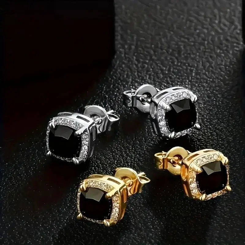 2pcs Set Fashionable Square Cubic Synthetic Cubic Zirconiaia Stud Earrings - Unisex Couple Matching Jewelry, Perfect for Daily Wear, Engagement & Weddings, Top Choice Wedding Gift