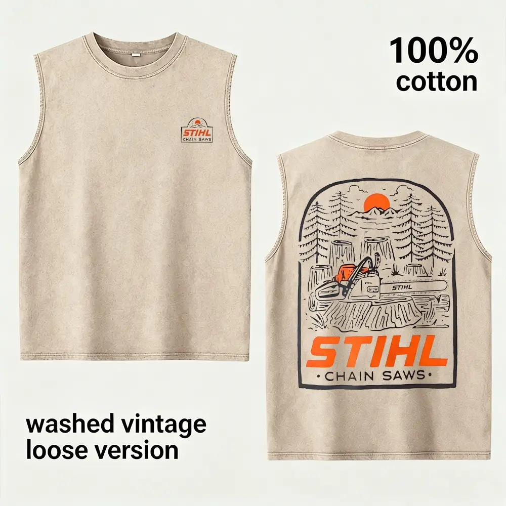 Plus-size Men's washed pure cotton sleeveless T-shirt, loose-fit graphic tee, vintage-style casual top, soft and breathable heavyweight cotton tank, retro streetwear, stylish wardrobe essential.