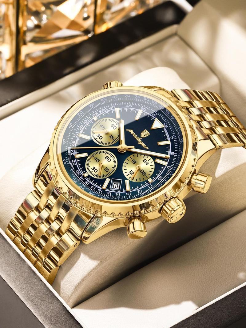 Business Fashion Round Dial Analog Quartz Watches for Men, Trendy Multifunctional Watch, Waterproof Luminous Date Chronograph Watch, Stainless Steel Watch for Men Gifts, with Box