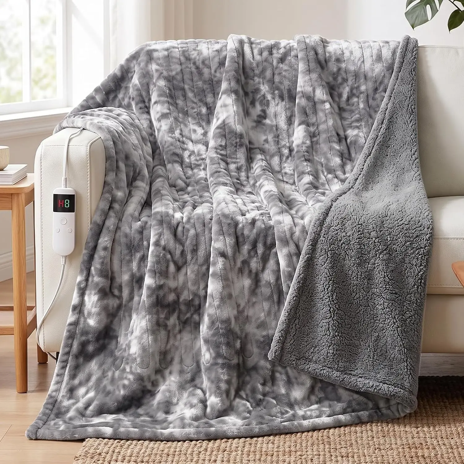 Heated Electric Blanket Throw 50''x60'' - Fast Tie-Dye Heating Blanket, Washable, 10 Heating Settings, 8h Timer Auto Off & Overheat Protection, Soft Flannel & Sherpa MaterialGift
