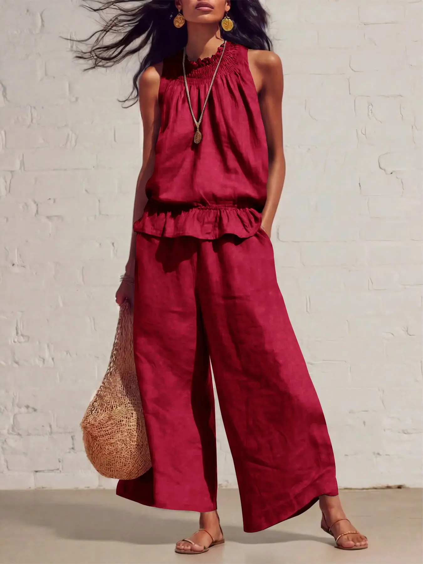 Boho Linen 2 Piece Matching Set Smocked Sleeveless Top Baggy Loose Wide Leg Pants Women Vacation Outfit