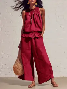 Boho Linen 2 Piece Matching Set Smocked Sleeveless Top Baggy Wide Leg Pants Women Vacation Outfit