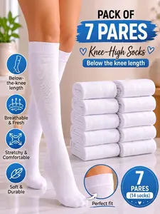 7 Pairs Women's Knee-High Socks, High Elastic Breathable Long Tube Socks, Pure Daily Socks Value Pack, College Style and Casual Wear