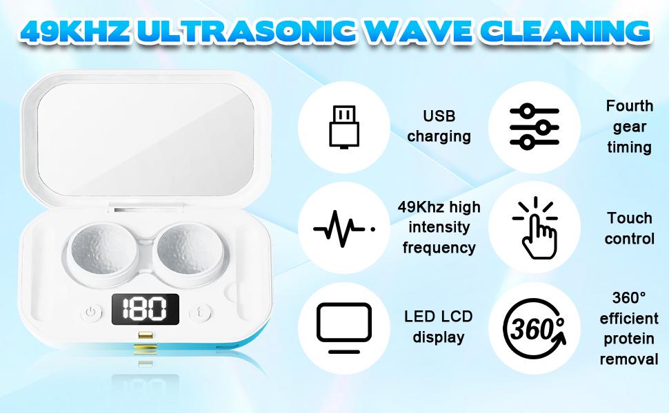 Contact Lens Case, Portable Ultrasonic Contact Lens Cleaner with 4 Timing Modes, 360° High-Frequency Vibration for Cleaning Soft Lenses, Colored Contact Lenses