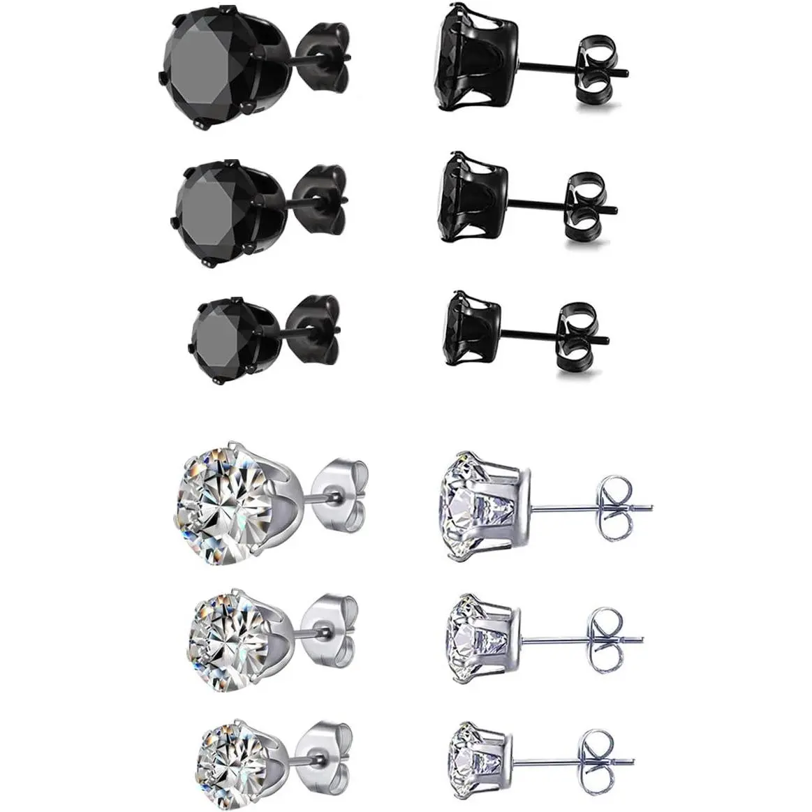 6 Pair titanium and Stainless Steel Mens Womens Stud Earrings Set Black and Clear Round Cubic Zirconia Inlaid Pierced  3-5mm(12PCS,3 Pairs Black,3 Pairs Clear)