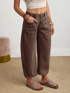 Coffee Color Patch Pocket Eighteen Inch Lantern Jeans, High Waist Loose Fit Retro Vacation Style Casual Nine-Inch Pants, Trouser