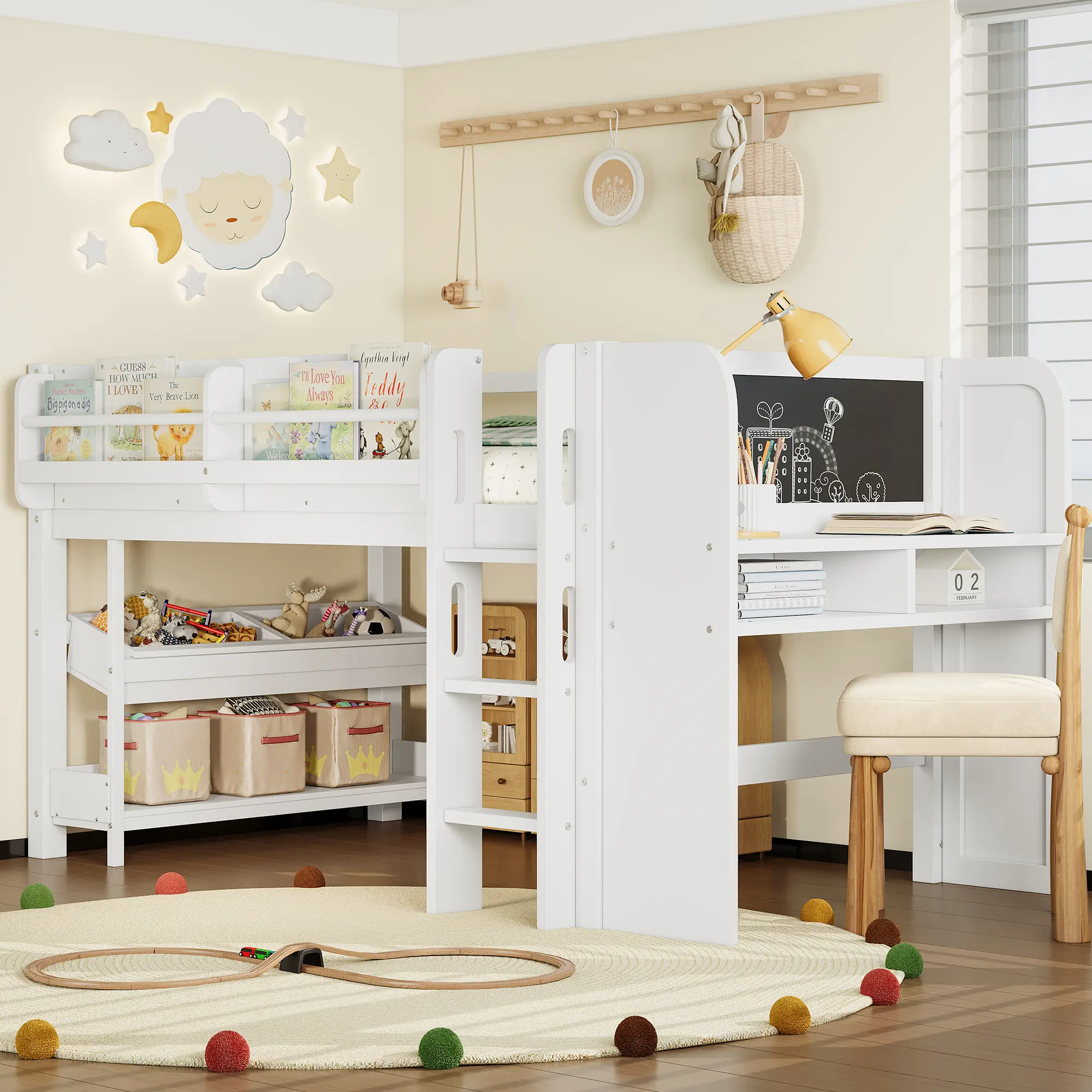 ARCH Twin Size Solid Wood Low Loft Bed with Desk, Blackboard, Bookcases, Storage Boxes and Drawers, Multi-Storage Kids Bed Frame, No Box Spring Needed, White Finish for Children's Bedroom Organization, Bedroom Furniture for Bedroom, Guest Room